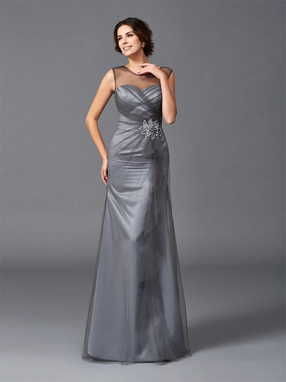 SlSlim fit pillar spoon bead decoration sleeveless long mesh bridal mother dress