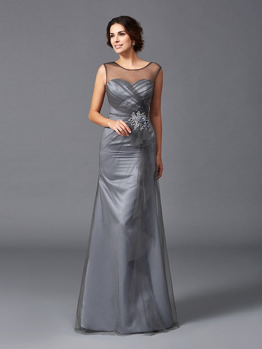 SlSlim fit pillar spoon bead decoration sleeveless long mesh bridal mother dress