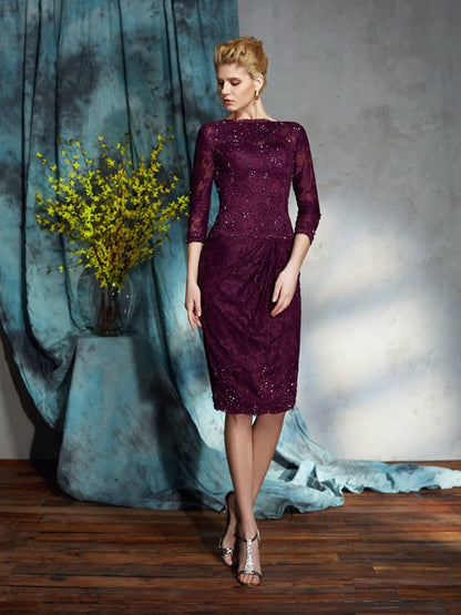 Slim fit column boat shaped lace 3/4 sleeve short lace bridal mother dress