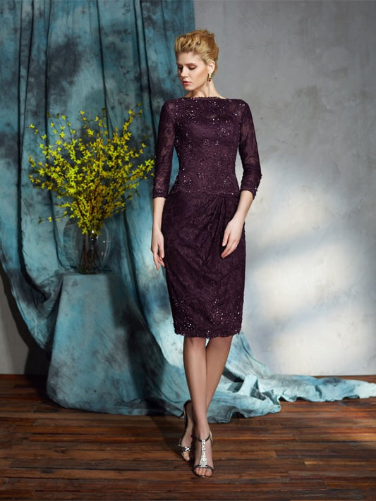 Slim fit column boat shaped lace 3/4 sleeve short lace bridal mother dress