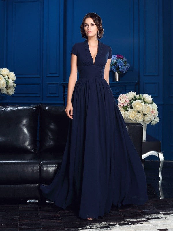 A-line Princess Style V-neck Applique Short sleeved Chiffon Bride Mom Dress