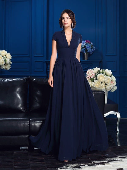 Sweet Princess V-neck Applique Short Sleeve Long Chiffon Bride Mom Dress