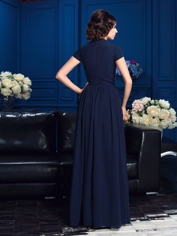 A-line Princess Style V-neck Applique Short sleeved Chiffon Bride Mom Dress