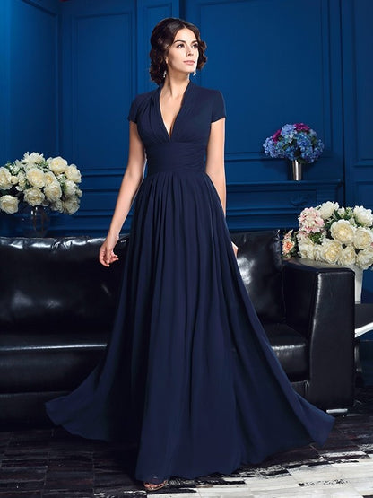 A-line Princess Style V-neck Applique Short sleeved Chiffon Bride Mom Dress