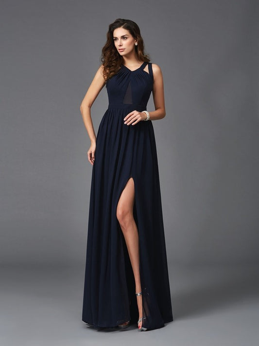 A-line elegant princess strap sleeveless long chiffon dress