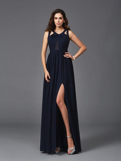 A-line elegant princess strap sleeveless long chiffon dress