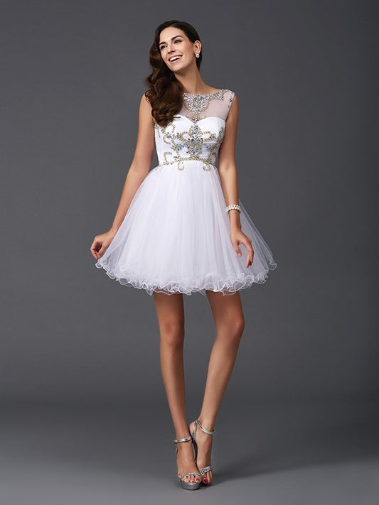 A-line elegant princess hollowed out studded sleeveless short net party dress