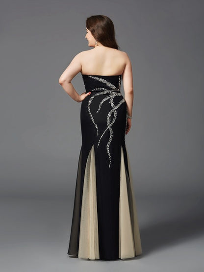 Elegant Column Sweetheart Beaded Sleeveless Long Chiffon Plus Size Dress