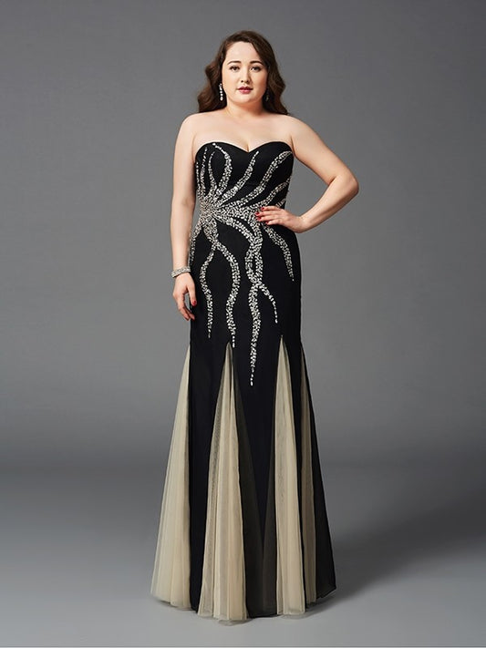 Elegant Column Sweetheart Beaded Sleeveless Long Chiffon Plus Size Dress