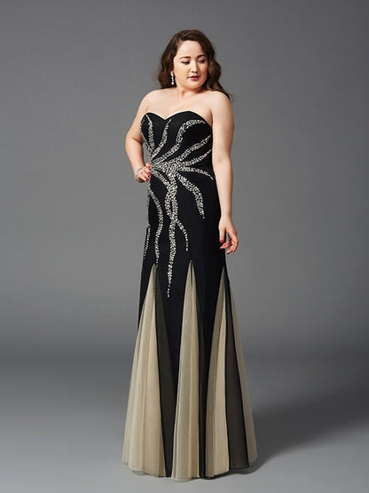Elegant Column Sweetheart Beaded Sleeveless Long Chiffon Plus Size Dress