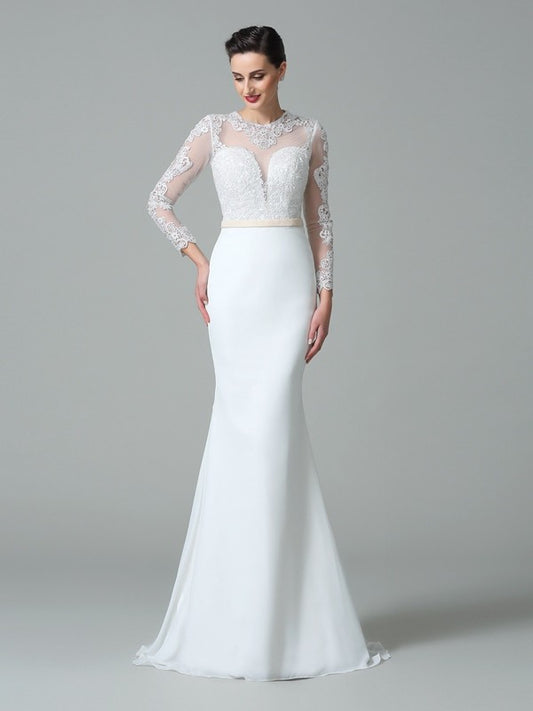 Trumpet mermaid gemstone lace long sleeved chiffon low luxury wedding dress