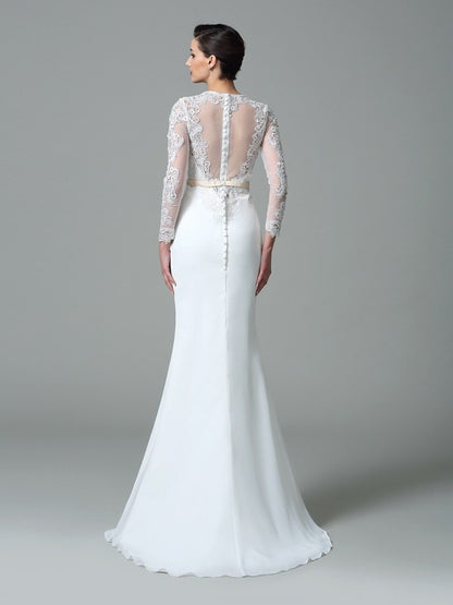 Trumpet mermaid gemstone lace long sleeved chiffon low luxury wedding dress