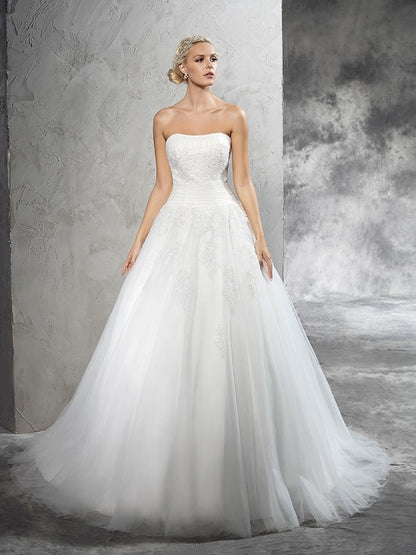 Sexy strapless decal sleeveless long satin wedding dress