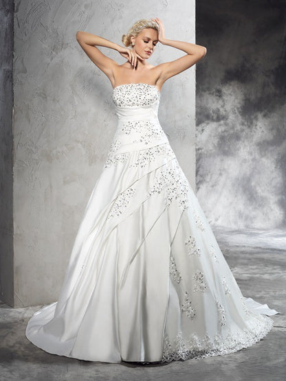 Sexy strapless beaded sleeveless long satin wedding dress