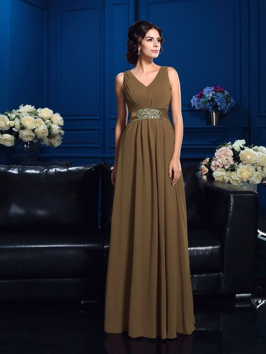 A-line princess style V-neck pleated hem sleeveless long chiffon bridal mother dress