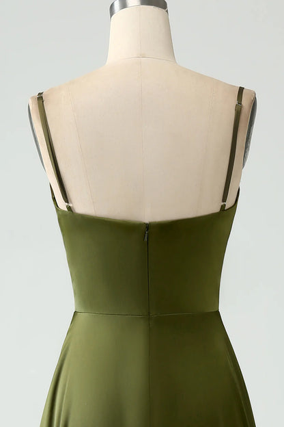 A-Line Spaghetti Straps Long Olive Bridesmaid Dress