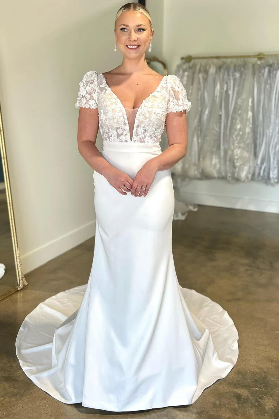 Floral Applique Plunge V Long Wedding Dress with Short Sleeves