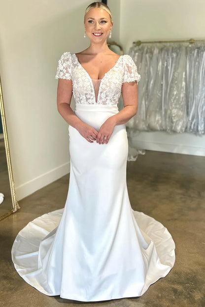 Floral Applique Plunge V Long Wedding Dress with Short Sleeves