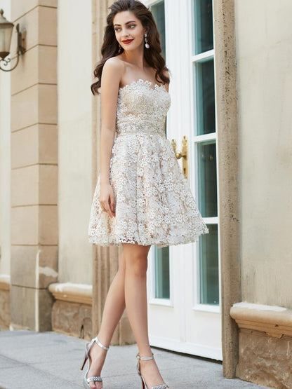 A-line Princess Heart Sleeveless Water Diamond Short Mini Lace Party Dress