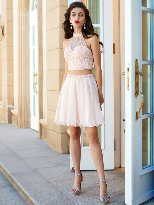 A-line Princess Hanging Neck Beaded Sleeveless Chiffon Short Mini Two Piece Dress