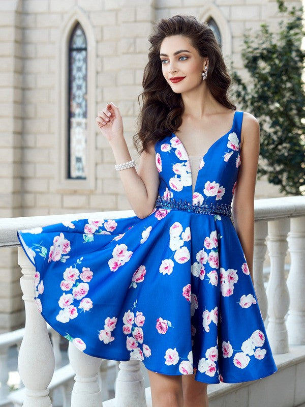 A-line elegant princess strap sleeveless short mini crystal satin dress