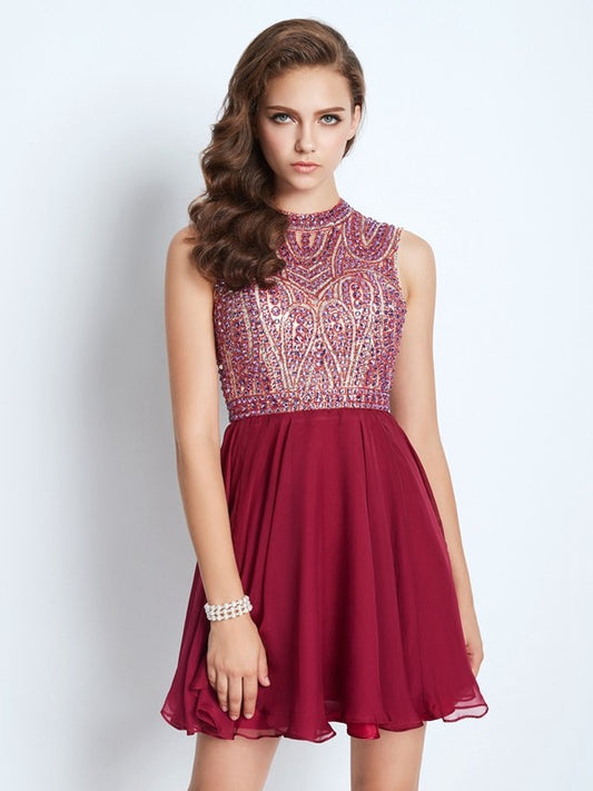 A-line Sweet Princess Sleeveless Chiffon Beaded Party Short Mini Dress