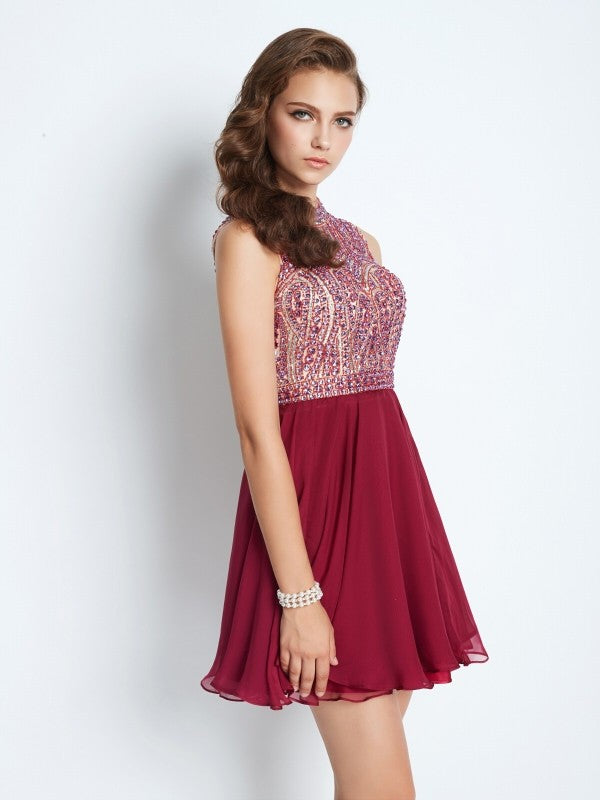 A-line Sweet Princess Sleeveless Chiffon Beaded Party Short Mini Dress