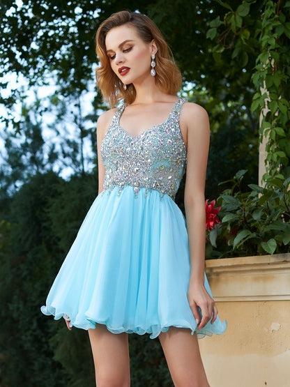 A-shaped elegant princess rhinestone shoulder strap sleeveless short mini party chiffon dress