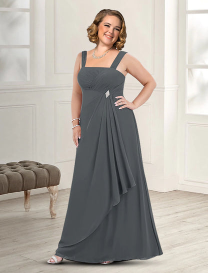 Two Piece A-Line Mother of the Bride Dress Wedding Guest Elegant Plus Size Square Neck Floor Length Chiffon Sleeveless Jacket Dresses with Pleats