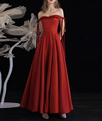 Simple Off Shoulder Mermaid Rose Red Long Evening Dress