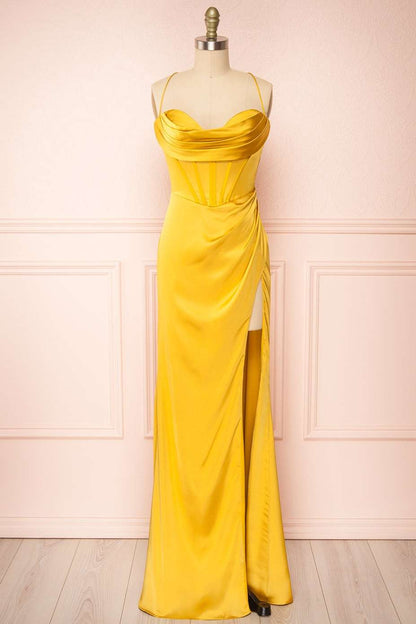 Yellow Cowl Neck Lace-Up Back Long Formal Prom Dress with Slit