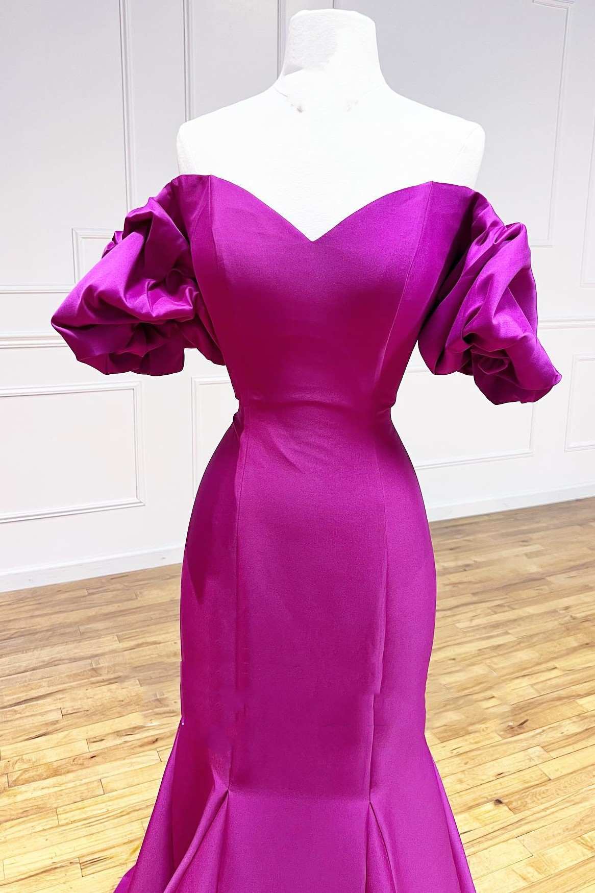 Magenta Strapless Puff Sleeve Trumpet Long Prom Dress