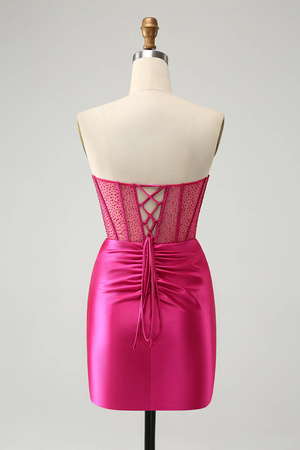Hot Pink Strapless Pleated Corset Tight Homecoming Dress