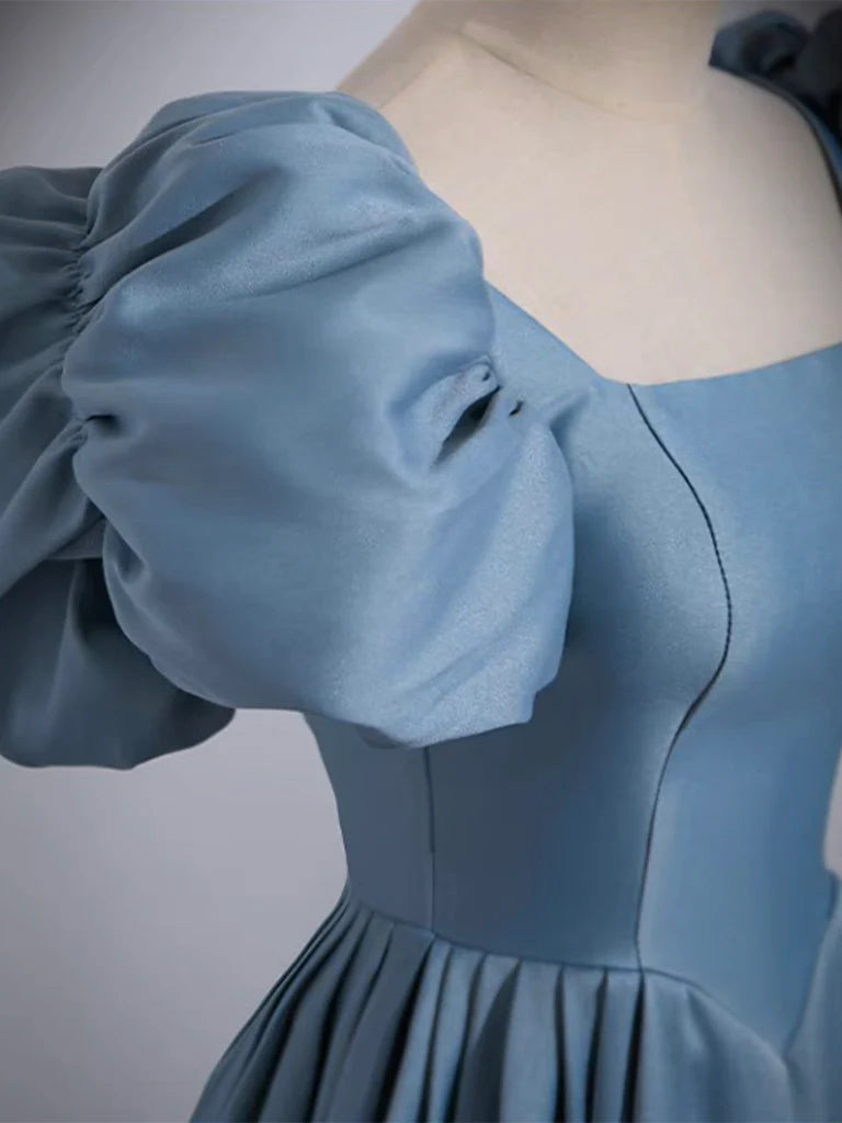 A-Line Satin Blue Long Evening Dress Blue Satin Long Evening Dress