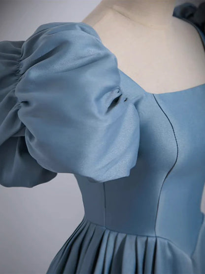 A-Line Satin Blue Long Evening Dress Blue Satin Long Evening Dress