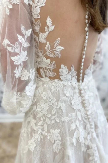 Appliques Round Neck Long Sleeve A-Line Wedding Dress