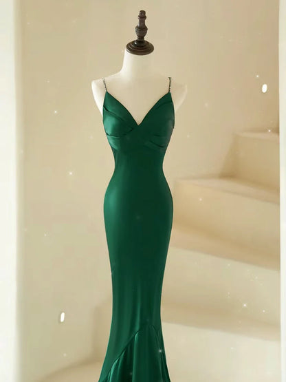 Mermaid V Neck Satin Green Long Prom Dress Green Satin Long Formal Evening Dress