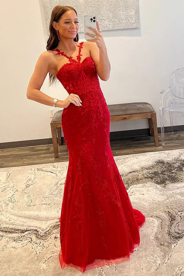 Halter Flower Straps Appliques Mermaid Long Prom Dress