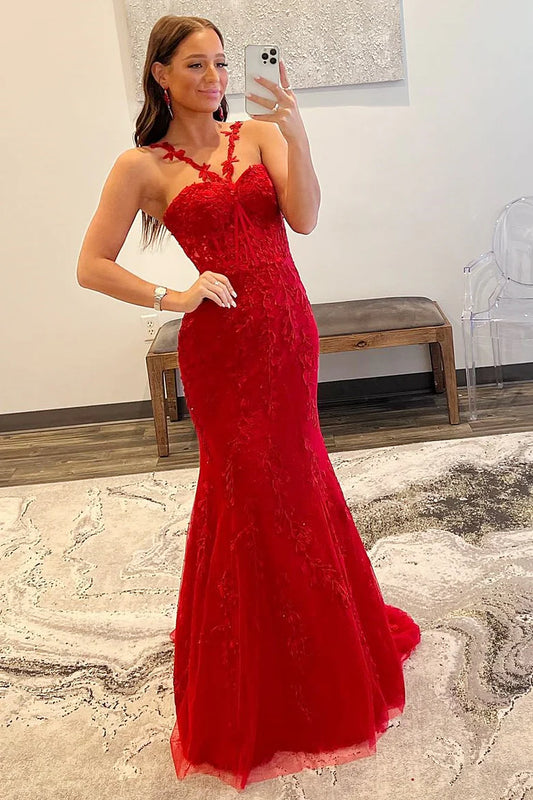 Halter Flower Straps Appliques Mermaid Long Prom Dress