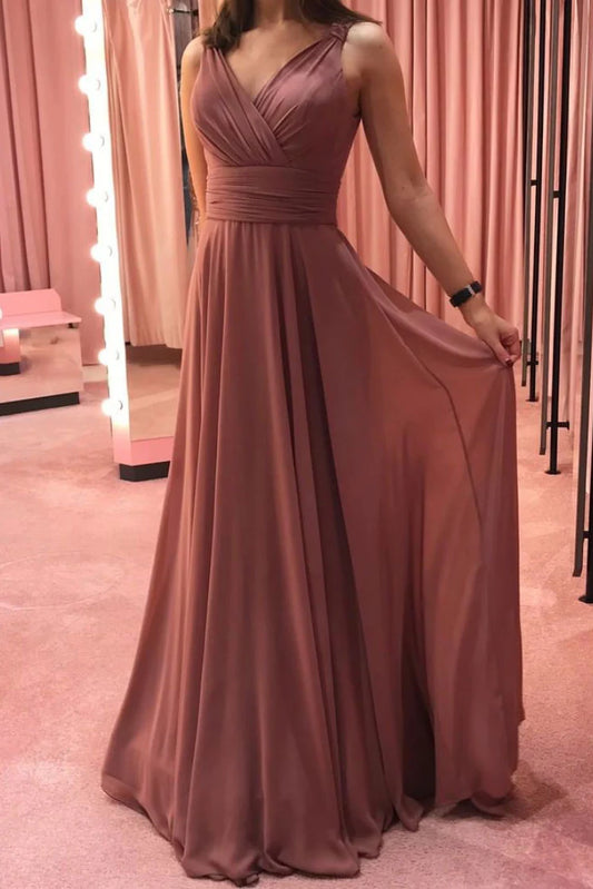 Simple V Neck Chiffon Long Prom Dress Chiffon Formal Evening Dresses