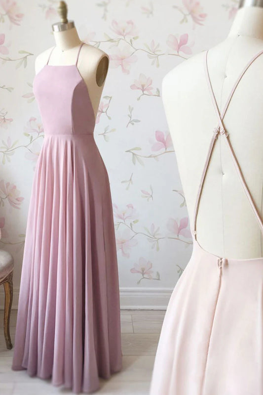 Simple Chiffon Pink Long Prom Dress Pink Evening Dress
