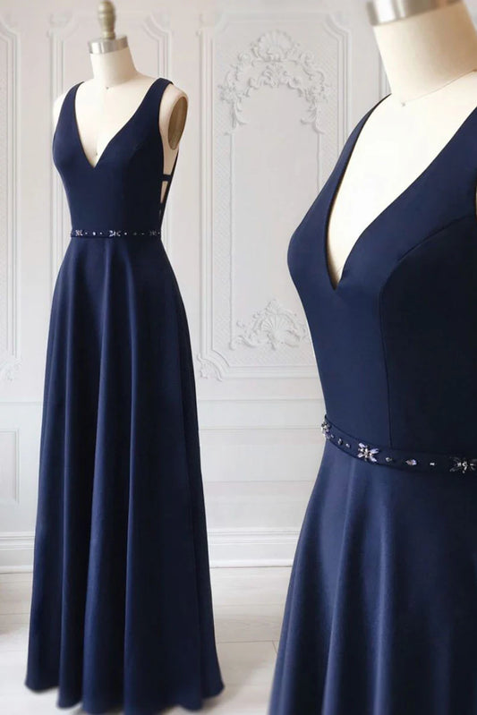 Simple Blue V Neck Long Prom Dress Blue Evening Dress