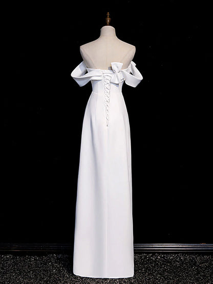 White Off Shoulder Satin Long Prom Dress White Long Evening Formal Dress
