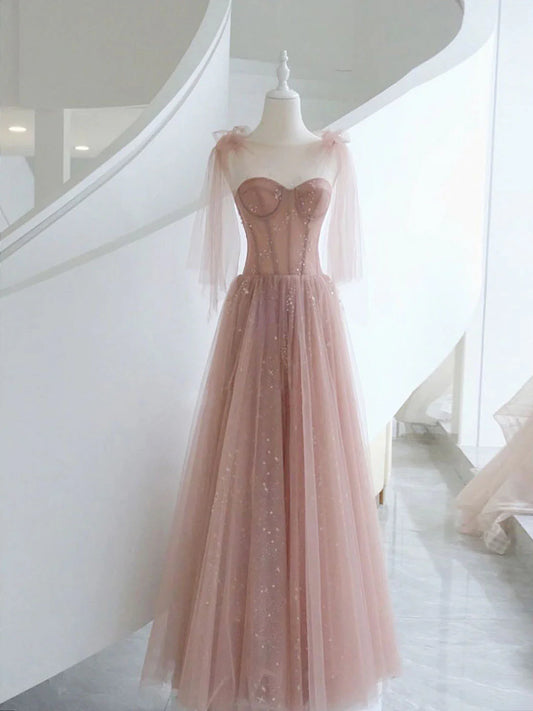 Pink A-Line Tulle Long Prom Dress Pink Formal Evening Dress