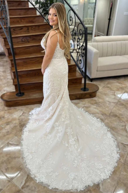 Floral Lace Plunge V Backless Mermaid Long Wedding Dress