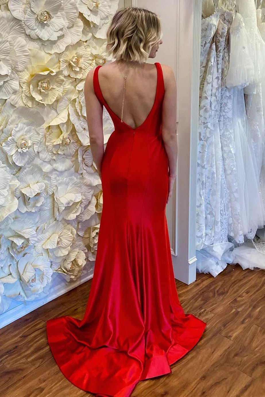 Red Plunge V Backless Mermaid Long Formal Prom Dress with Slit
