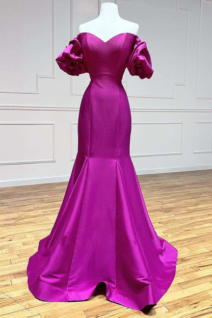 Magenta Strapless Puff Sleeve Trumpet Long Prom Dress