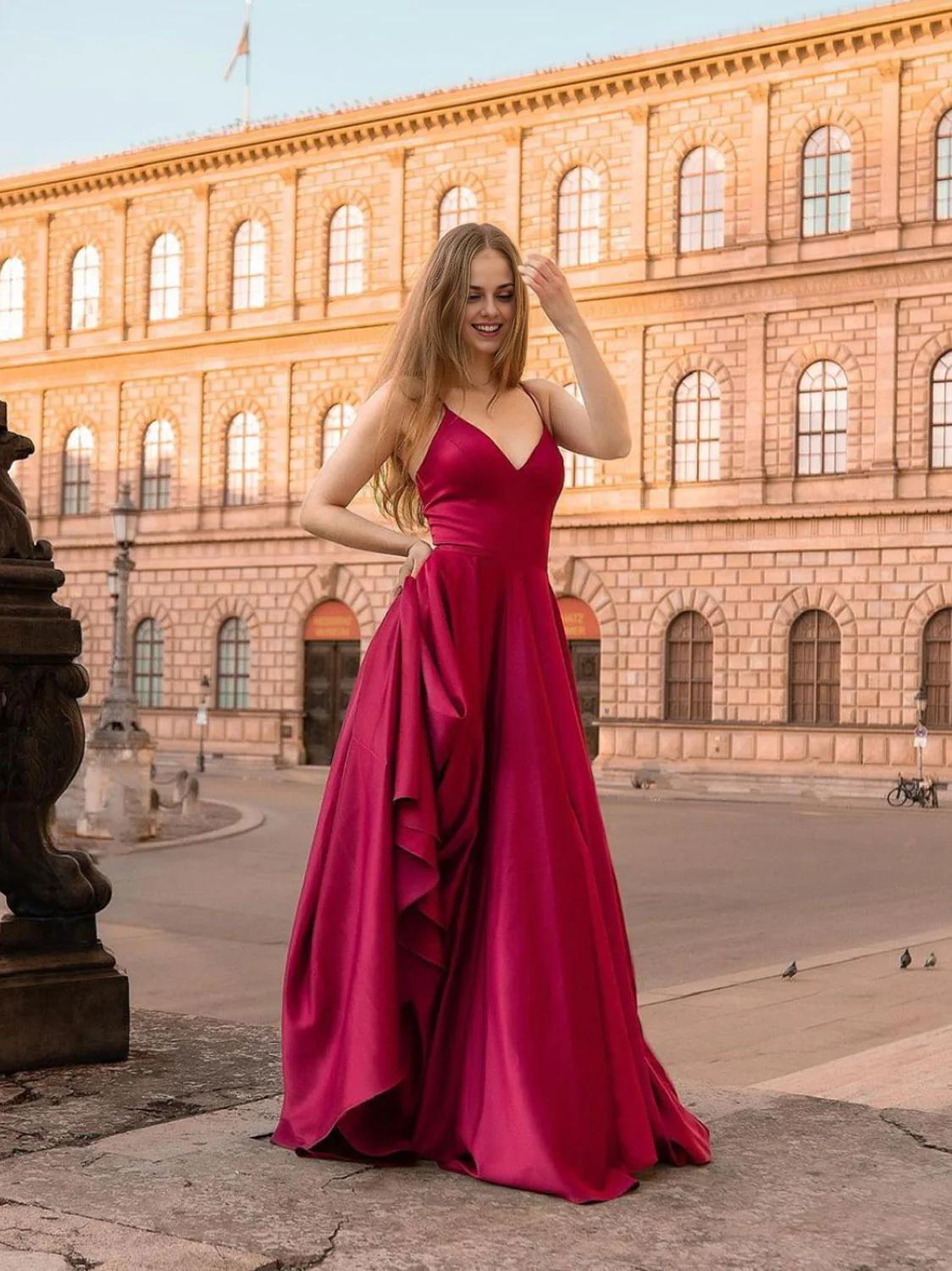 Simple V Neck Satin Dark Red Long Prom Dress Red Satin Evening Dress