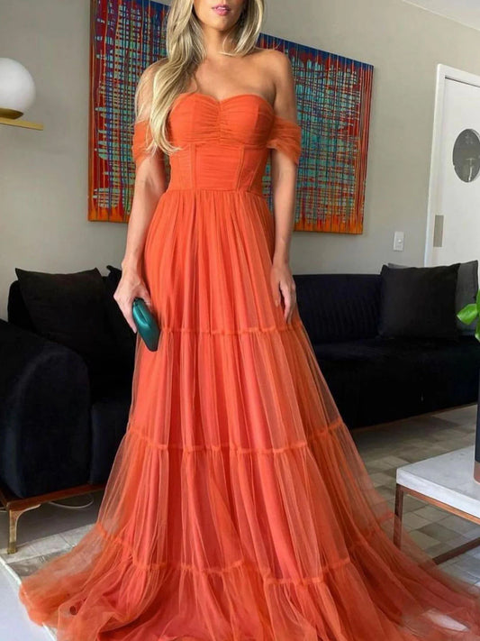 Simple Aline Sweetheart Neck Tulle Long Prom Dress Orange Evening Formal Dress