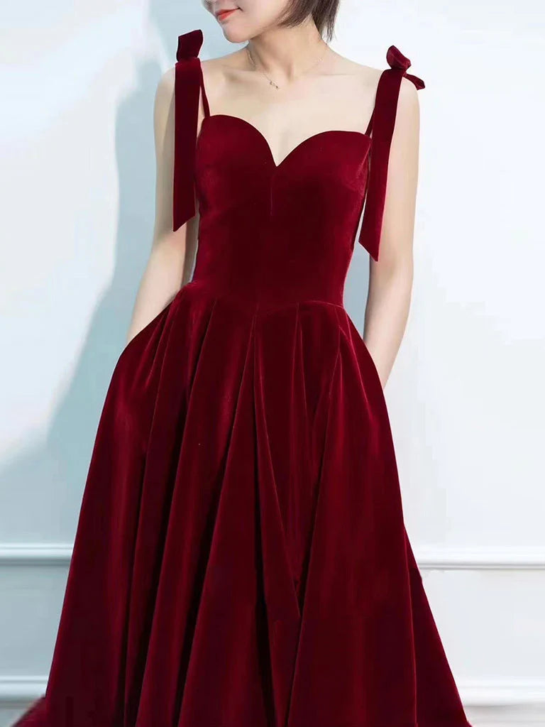 A-Line Sweetheart Neck Velvet Burgundy Long Prom Dress Burgundy Formal Evening Dress